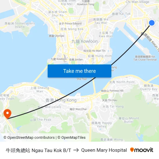 Ngau Tau Kok Bus Terminus to Queen Mary Hospital map