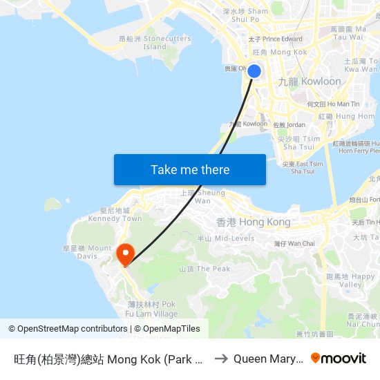 旺角(柏景灣)總站 Mong Kok (Park Avenue) Bus Terminus to Queen Mary Hospital map