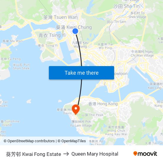 葵芳邨 Kwai Fong Estate to Queen Mary Hospital map