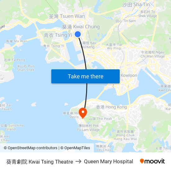 葵青劇院 Kwai Tsing Theatre to Queen Mary Hospital map