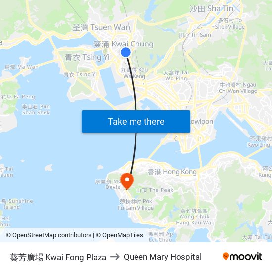 葵芳廣場 Kwai Fong Plaza to Queen Mary Hospital map
