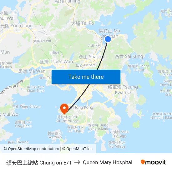 Chung On Bus Terminus to Queen Mary Hospital map