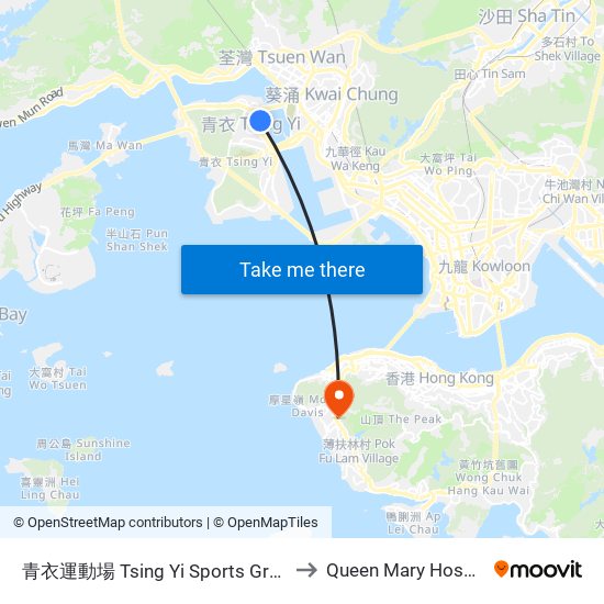 青衣運動場 Tsing Yi Sports Ground to Queen Mary Hospital map