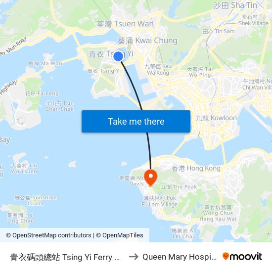 青衣碼頭總站 Tsing Yi Ferry B/T to Queen Mary Hospital map