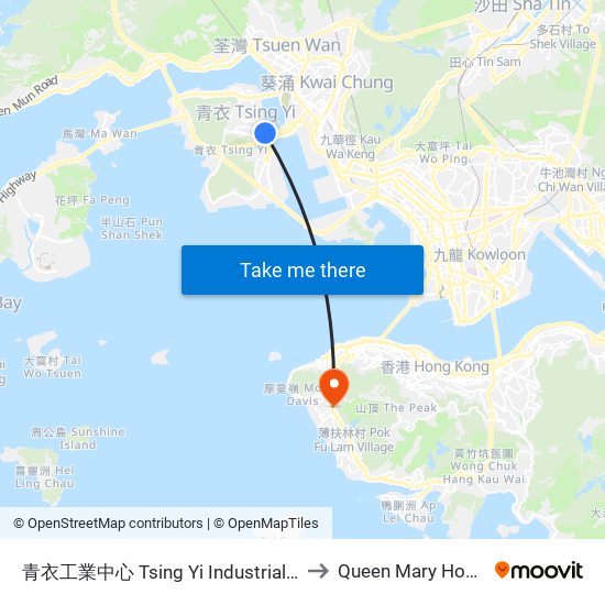 青衣工業中心 Tsing Yi Industrial Centre to Queen Mary Hospital map