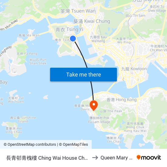 長青邨青槐樓 Ching Wai House Cheung Ching Estate to Queen Mary Hospital map