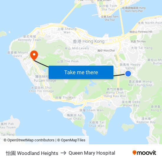 怡園 Woodland Heights to Queen Mary Hospital map