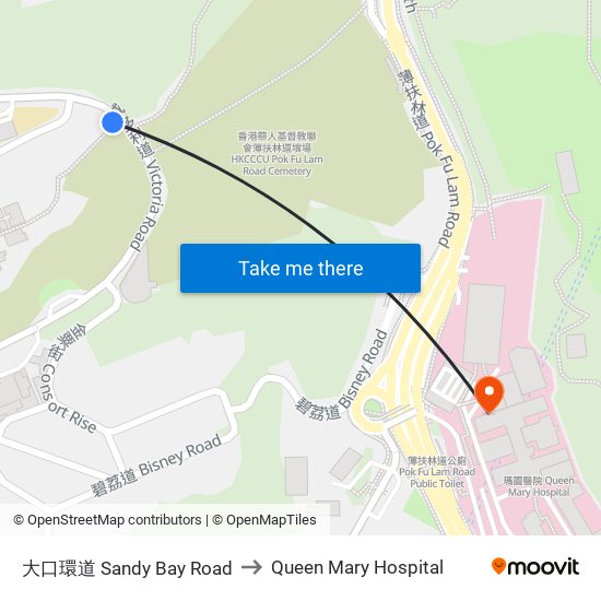 大口環道 Sandy Bay Road to Queen Mary Hospital map