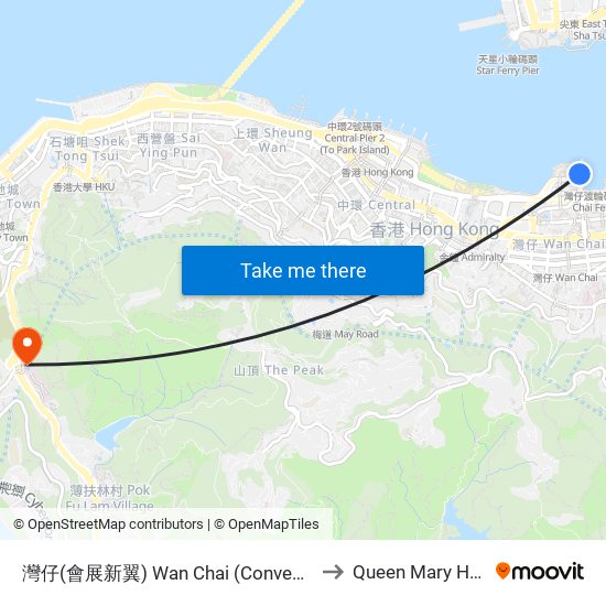 灣仔(會展新翼) Wan Chai (Convention Centre) to Queen Mary Hospital map