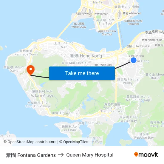 Fontana Gardens to Queen Mary Hospital map
