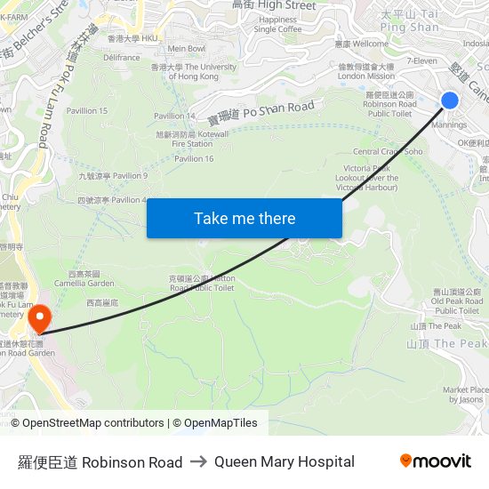 羅便臣道 Robinson Road to Queen Mary Hospital map