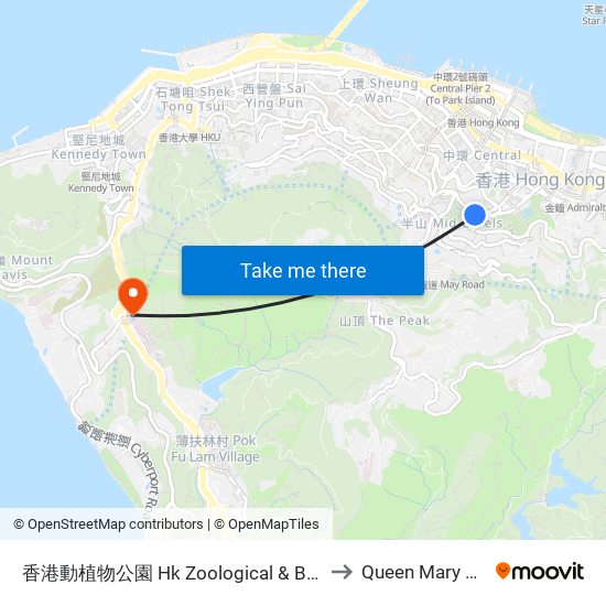 香港動植物公園 Hk Zoological & Botanical Garden to Queen Mary Hospital map