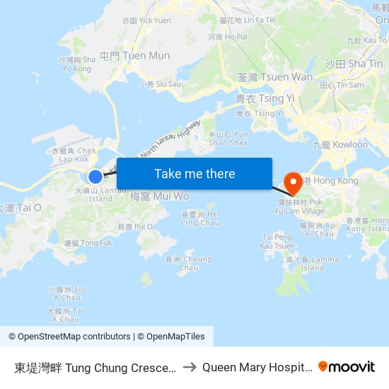東堤灣畔 Tung Chung Crescent to Queen Mary Hospital map
