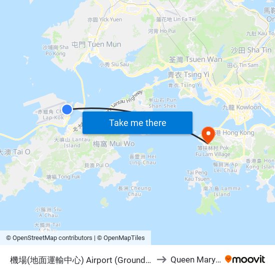 機場(地面運輸中心) Airport (Ground Transportation Centre) to Queen Mary Hospital map