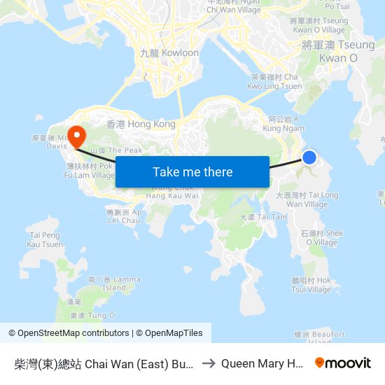 柴灣(東)總站 Chai Wan (East) Bus Terminus to Queen Mary Hospital map