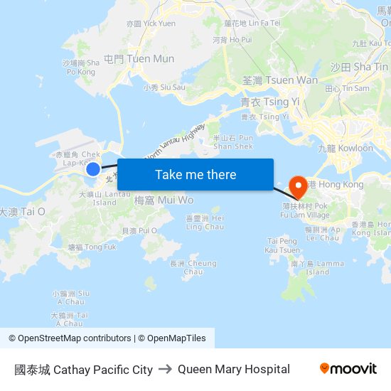 國泰城 Cathay Pacific City to Queen Mary Hospital map