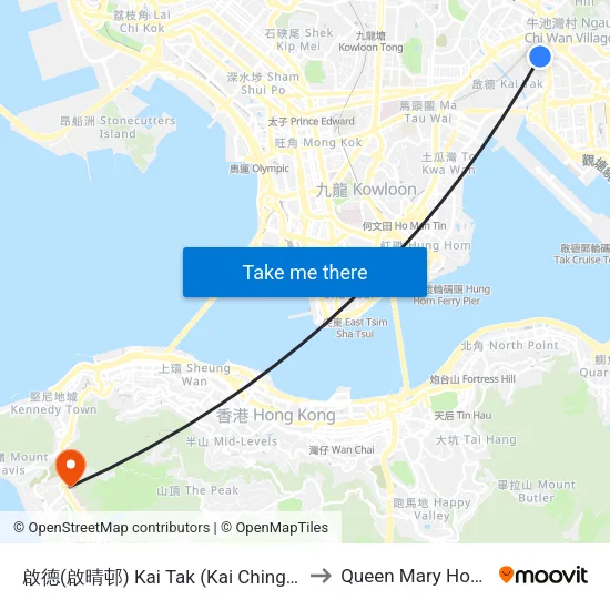 啟德(啟晴邨) Kai Tak (Kai Ching Estate) to Queen Mary Hospital map