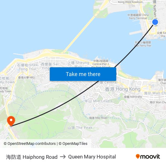 海防道 Haiphong Road to Queen Mary Hospital map