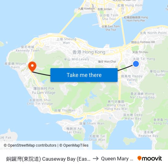 銅鑼灣(東院道) Causeway Bay (Eastern Hospital Rd) to Queen Mary Hospital map