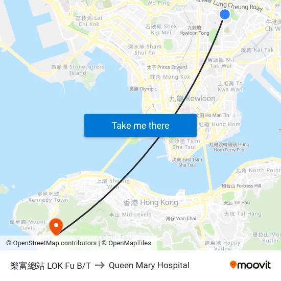 Lok Fu Bus Terminal to Queen Mary Hospital map