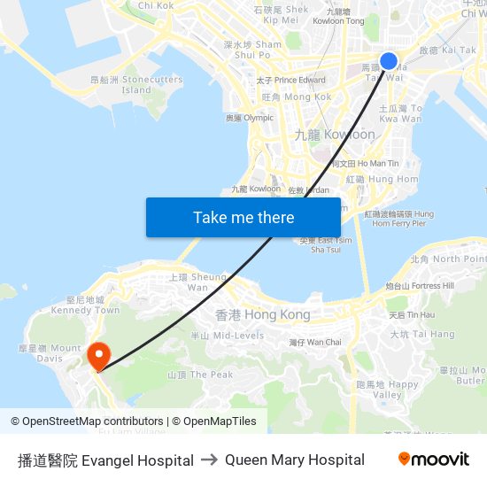 播道醫院 Evangel Hospital to Queen Mary Hospital map