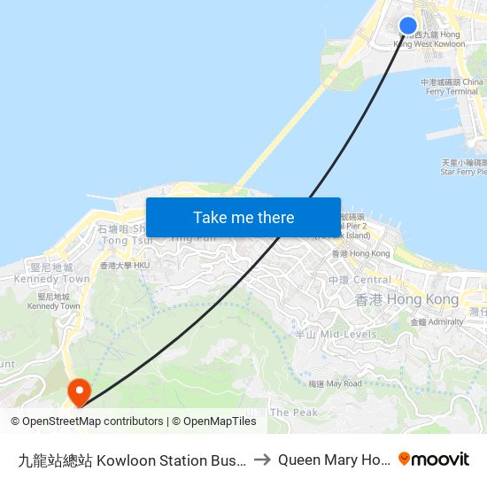 九龍站總站 Kowloon Station Bus Terminus to Queen Mary Hospital map
