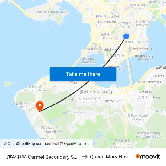 Carmel Secondary School to Queen Mary Hospital map