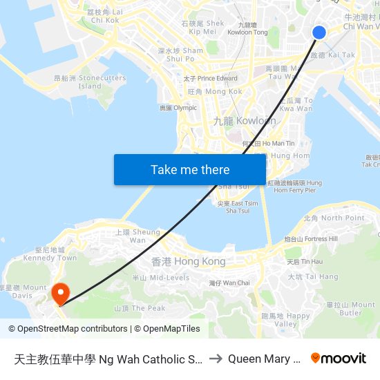 天主教伍華中學 Ng Wah Catholic Secondary School to Queen Mary Hospital map