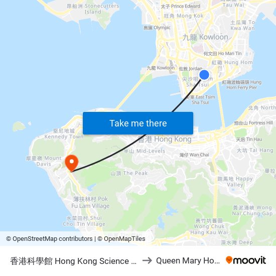 香港科學館 Hong Kong Science Museum to Queen Mary Hospital map