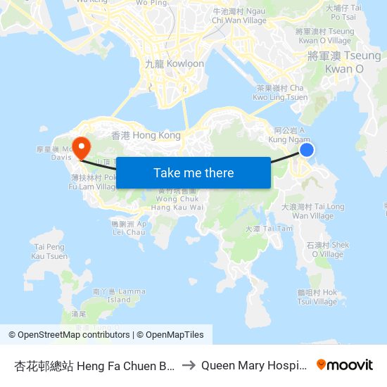 杏花邨總站 Heng Fa Chuen B/T to Queen Mary Hospital map