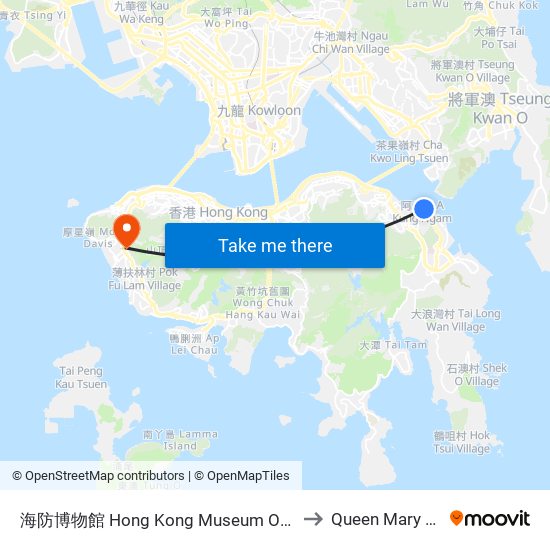 海防博物館 Hong Kong Museum Of Coastal Defence to Queen Mary Hospital map