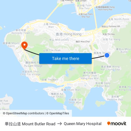 畢拉山道 Mount Butler Road to Queen Mary Hospital map