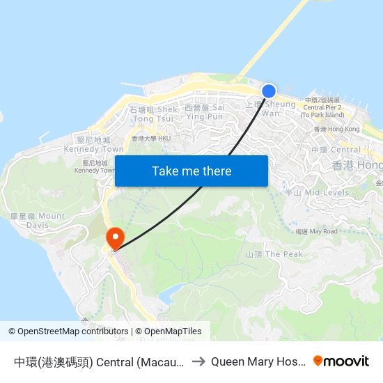 中環(港澳碼頭) Central (Macau Ferry) to Queen Mary Hospital map
