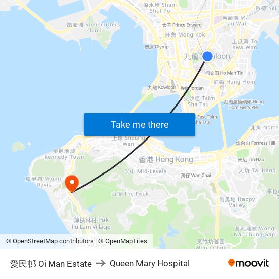 愛民邨 Oi Man Estate to Queen Mary Hospital map