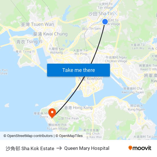 沙角邨 Sha Kok Estate to Queen Mary Hospital map