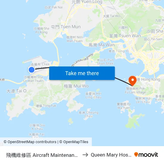 Aircraft Maintenance Area to Queen Mary Hospital map