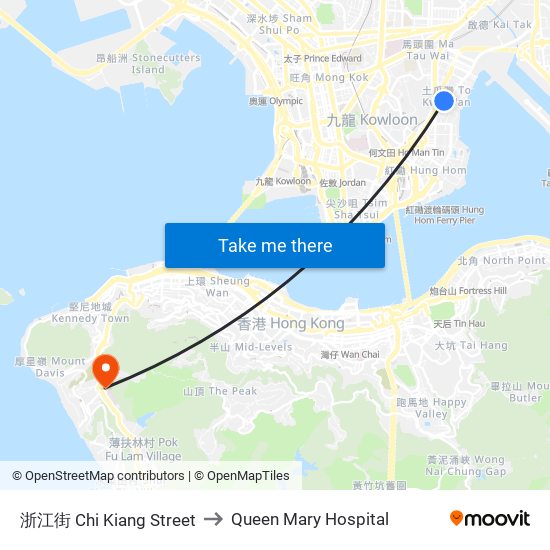 浙江街 Chi Kiang Street to Queen Mary Hospital map