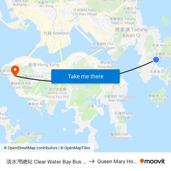 清水灣總站 Clear Water Bay Bus Terminus to Queen Mary Hospital map