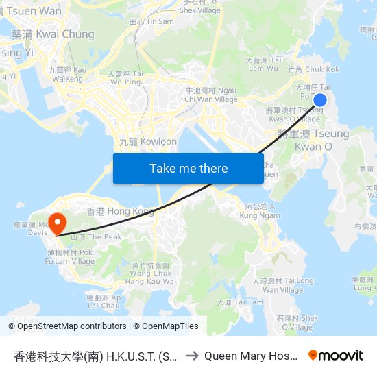 香港科技大學(南) H.K.U.S.T. (South) to Queen Mary Hospital map