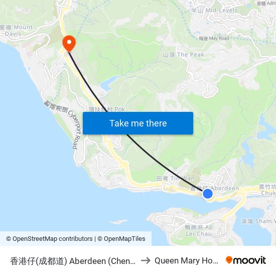 香港仔(成都道) Aberdeen (Chengtu Rd.) to Queen Mary Hospital map