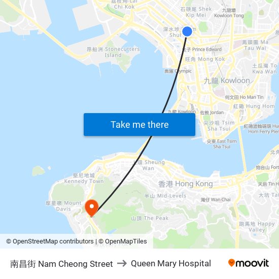 南昌街 Nam Cheong Street to Queen Mary Hospital map