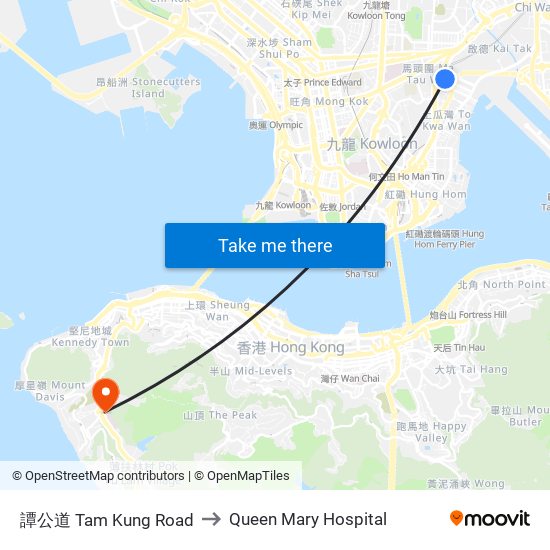 譚公道 Tam Kung Road to Queen Mary Hospital map