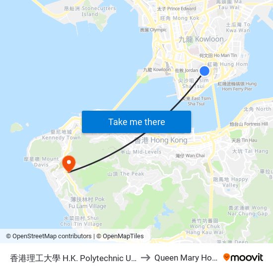 香港理工大學 H.K. Polytechnic University to Queen Mary Hospital map