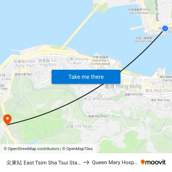 East Tsim Sha Tsui Station to Queen Mary Hospital map
