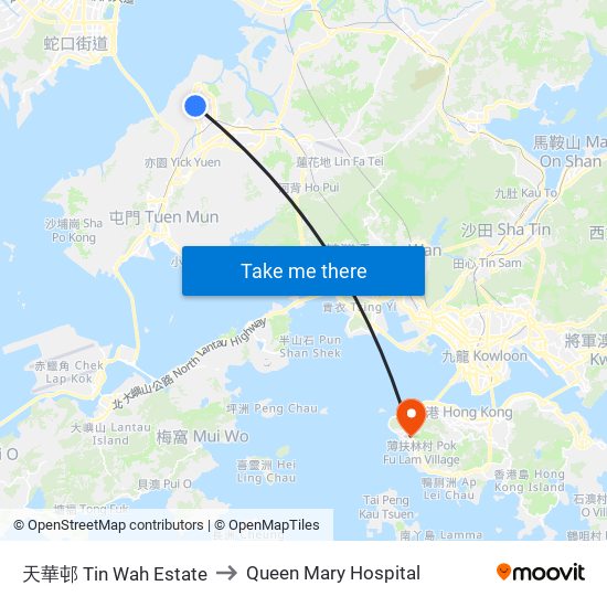 天華邨 Tin Wah Estate to Queen Mary Hospital map