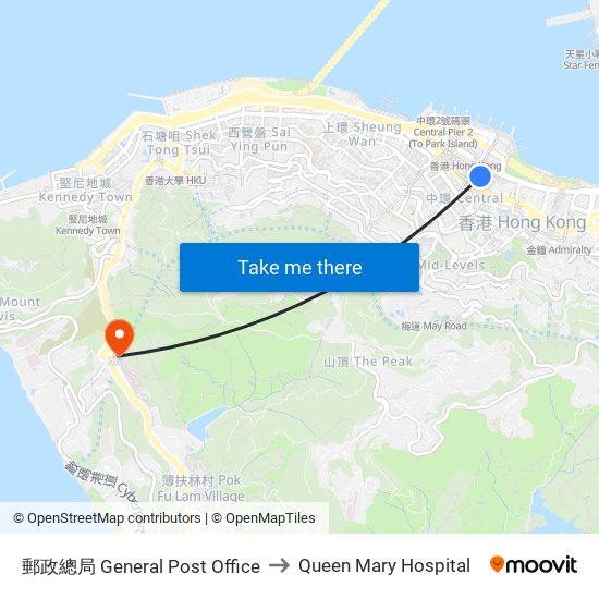 郵政總局 General Post Office to Queen Mary Hospital map