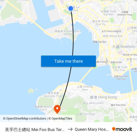 美孚巴士總站 Mei Foo Bus Terminus to Queen Mary Hospital map
