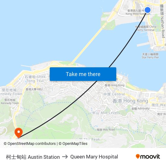 柯士甸站 Austin Station to Queen Mary Hospital map