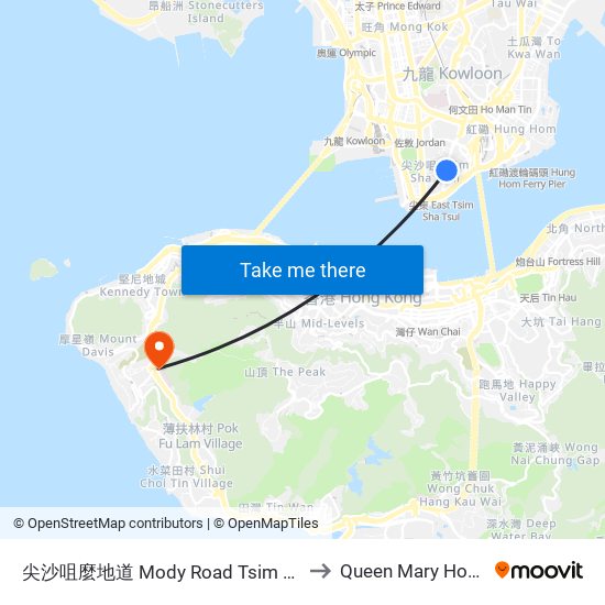 尖沙咀麼地道 Mody Road Tsim Sha Tsui to Queen Mary Hospital map