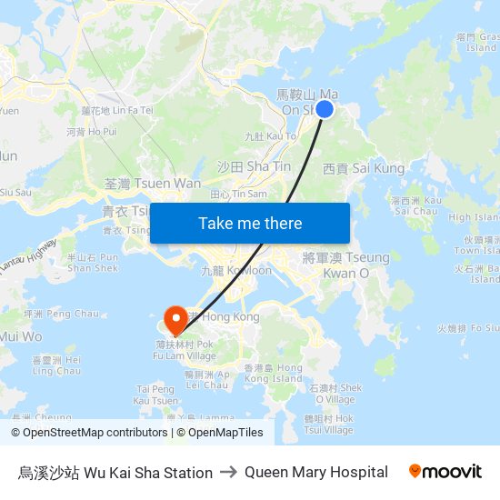 烏溪沙站 Wu Kai Sha Station to Queen Mary Hospital map